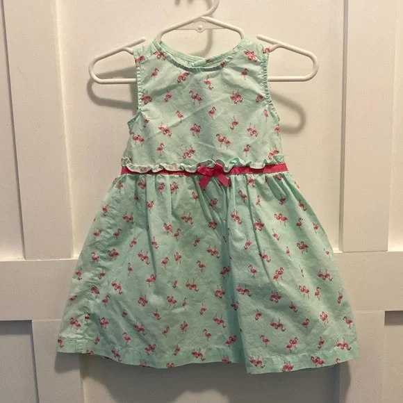 Girls Carters mint green with pink flamingos 100% cotton dress size 12 months Girls Carters mint green with pink flamingos 100% cotton dress size 12 months